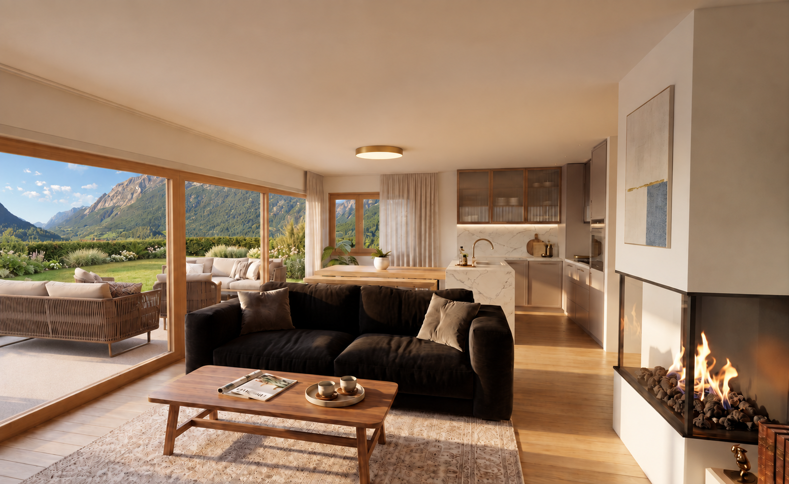 Séjour d'un appartement en rez-de-jardin avec cuisine ouverte et accès terrasse