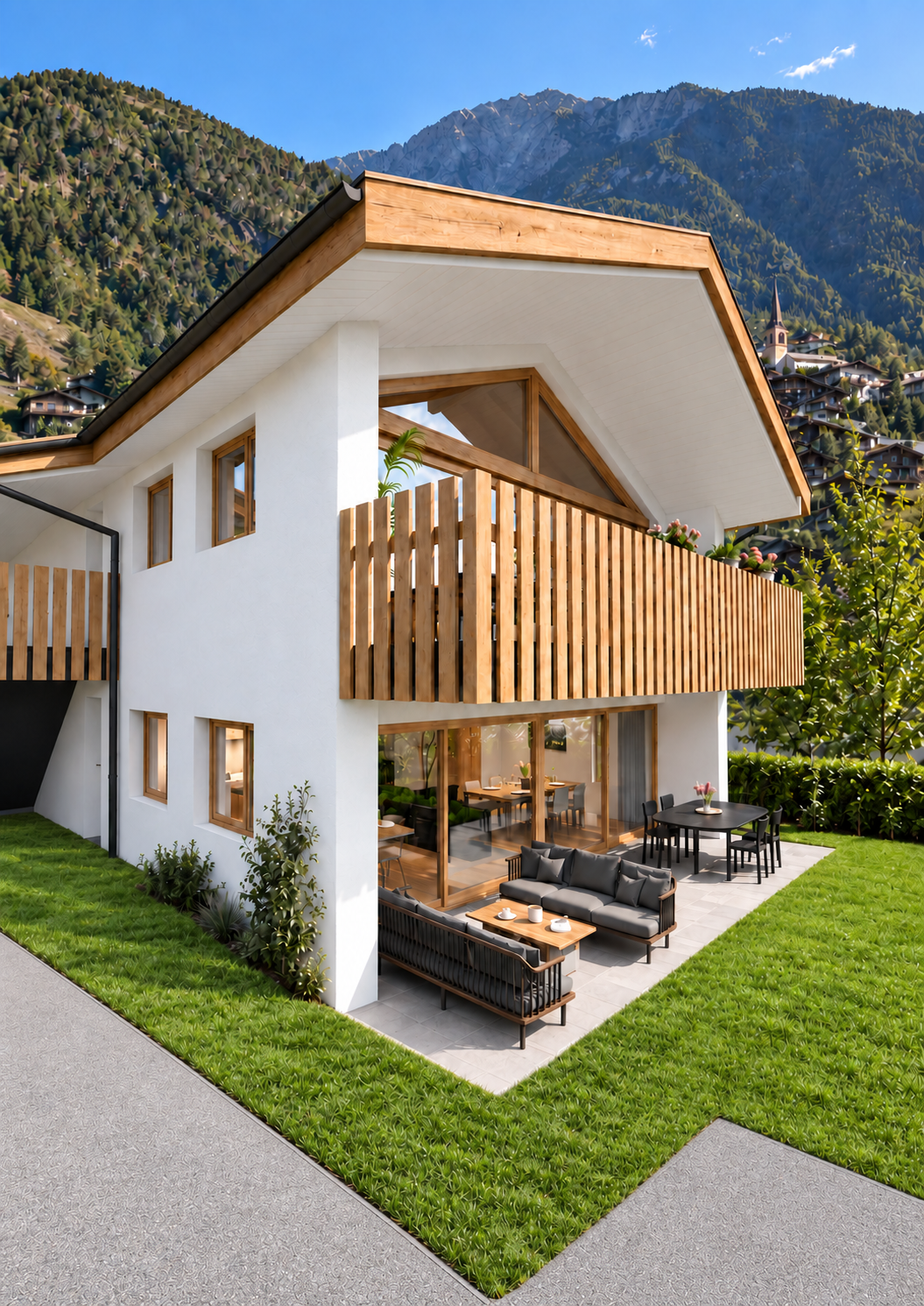 Façade d'une villa avec terrasse couverte et balcon en bois