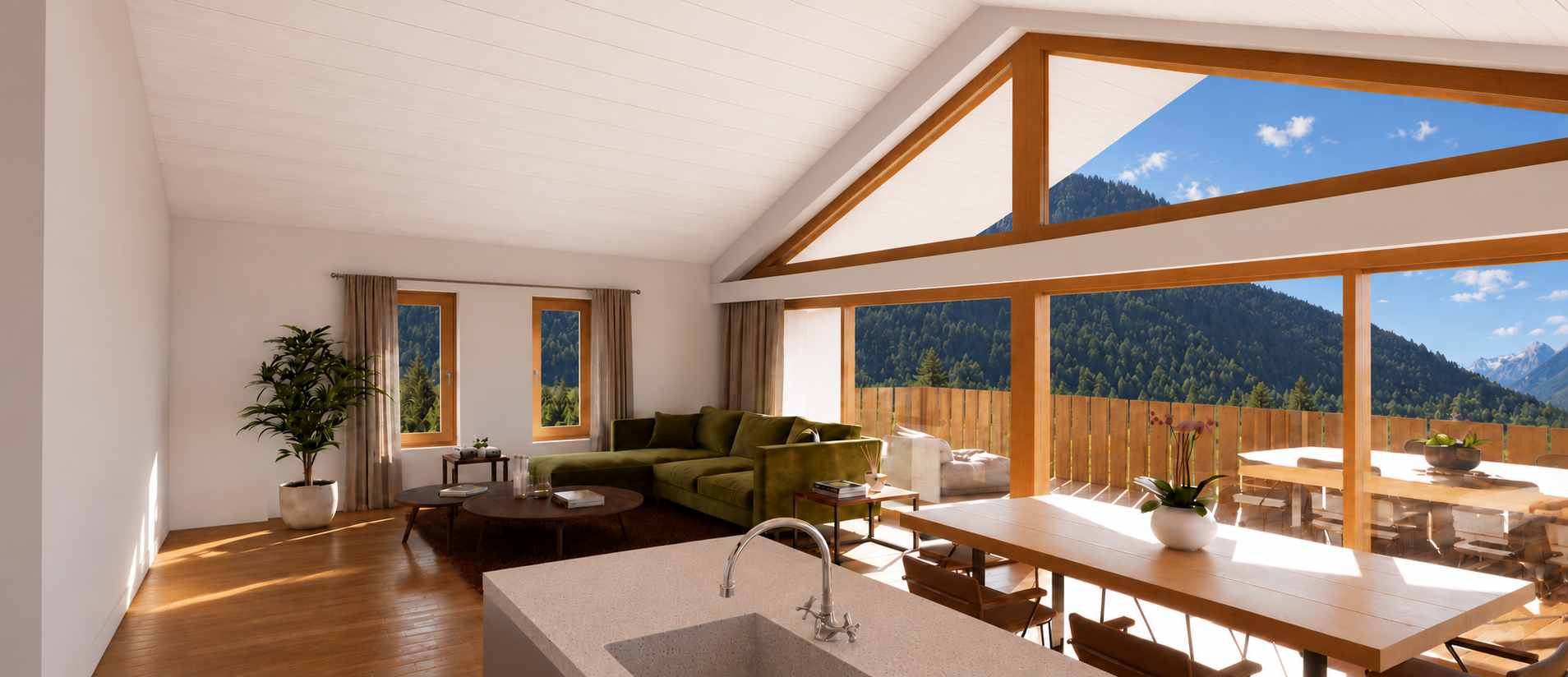 Séjour d'un appartement à l'étage avec baie vitrée triangulaire sur les montagnes