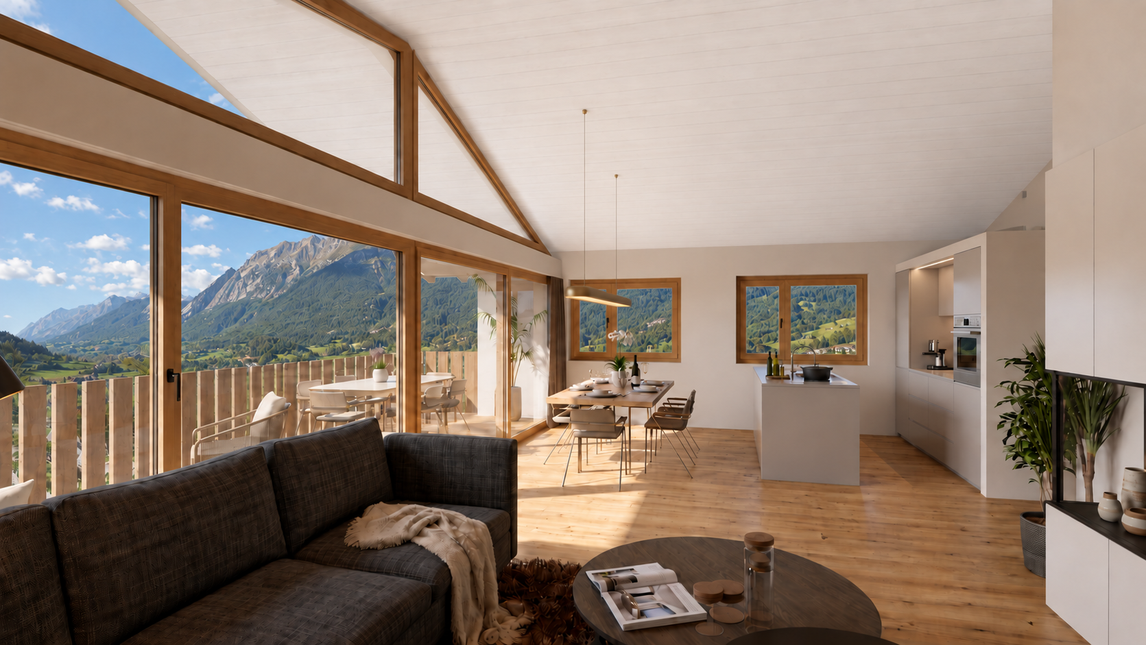 Vue panoramique du séjour d'un appartement à l'étage avec cuisine ouverte et grande baie vitrée